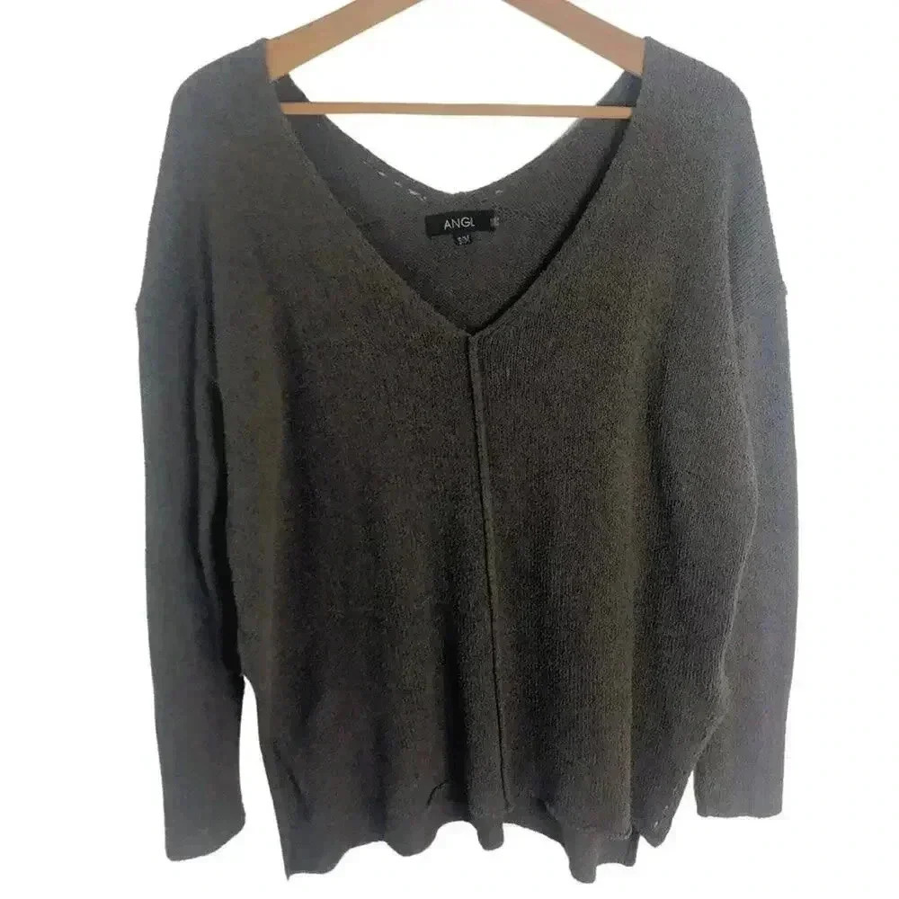 ANGL Brown Knit Sweater Exposed Seams V Neck Grunge Punk Women's Size S/M
